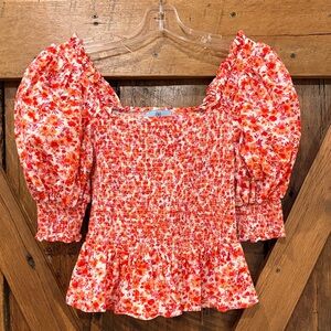 CeCe Size Small Floral Blouse with Puff Sleeves & Smocked Bodice